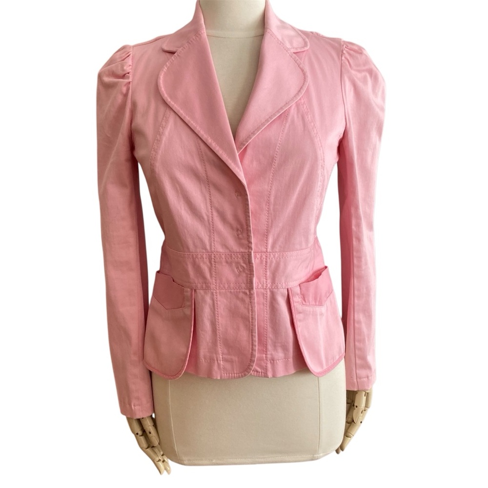 TOM K NGUYEN | Pink Cotton Cropped Blazer Peplum Ruffle Jacket Size 6